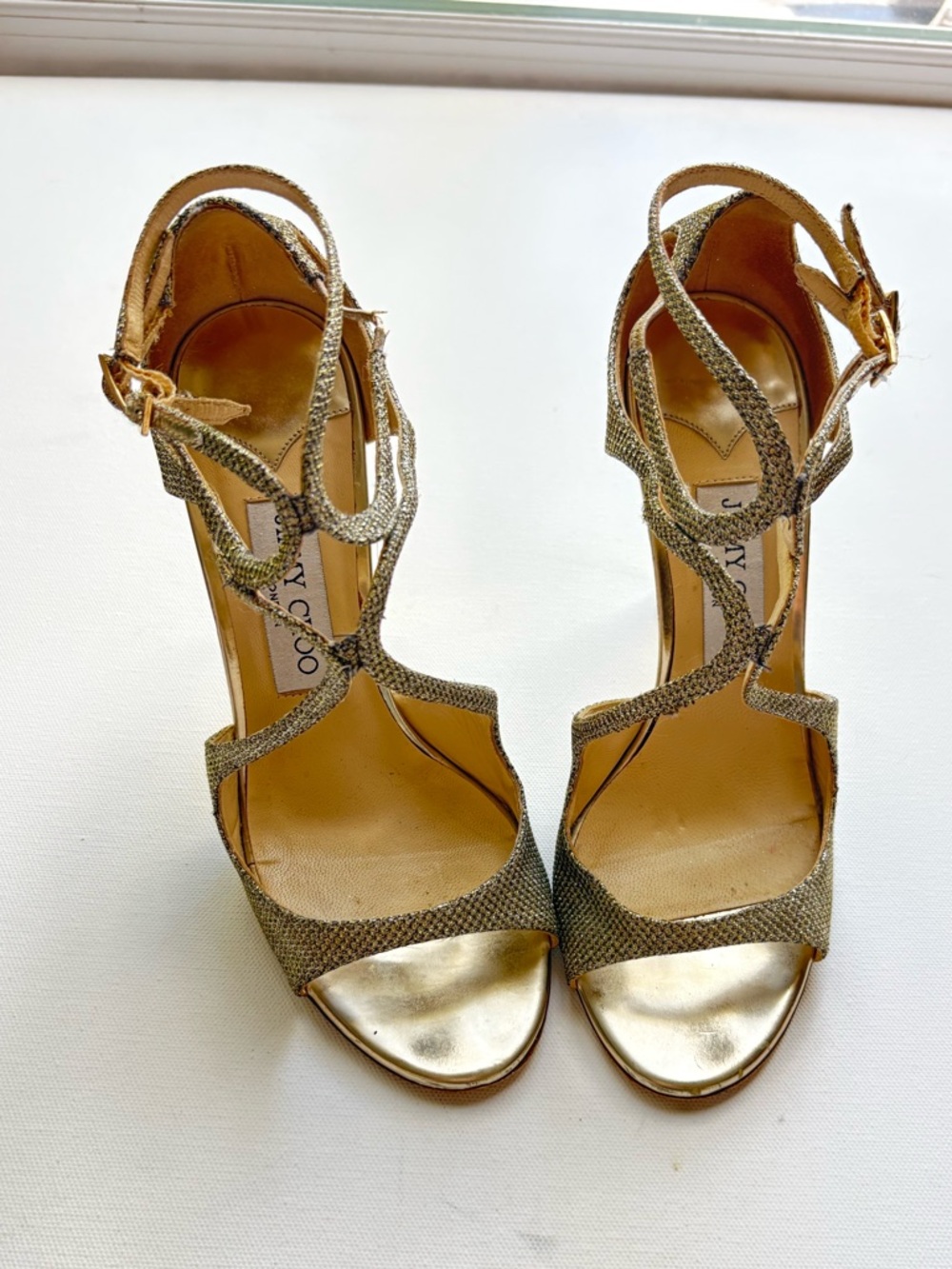 Jimmy Choo Lance Lame Gold Glitter Strappy Stiletto Heels